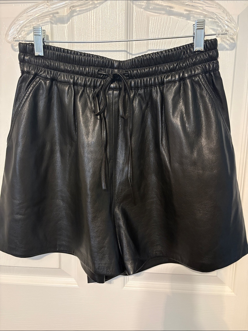 Good American Black Faux Leather High-Waist Drawstring Shorts